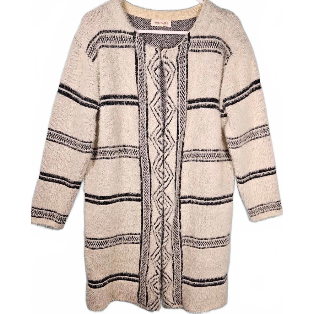 Anthropologie Solitaire Cream Black Eyelash Knit Fuzzy Geometric Long Cardigan L